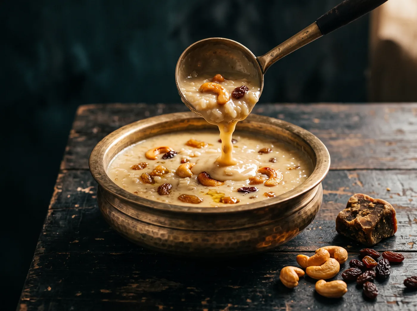 Temple style nei payasam in a bronze uruli