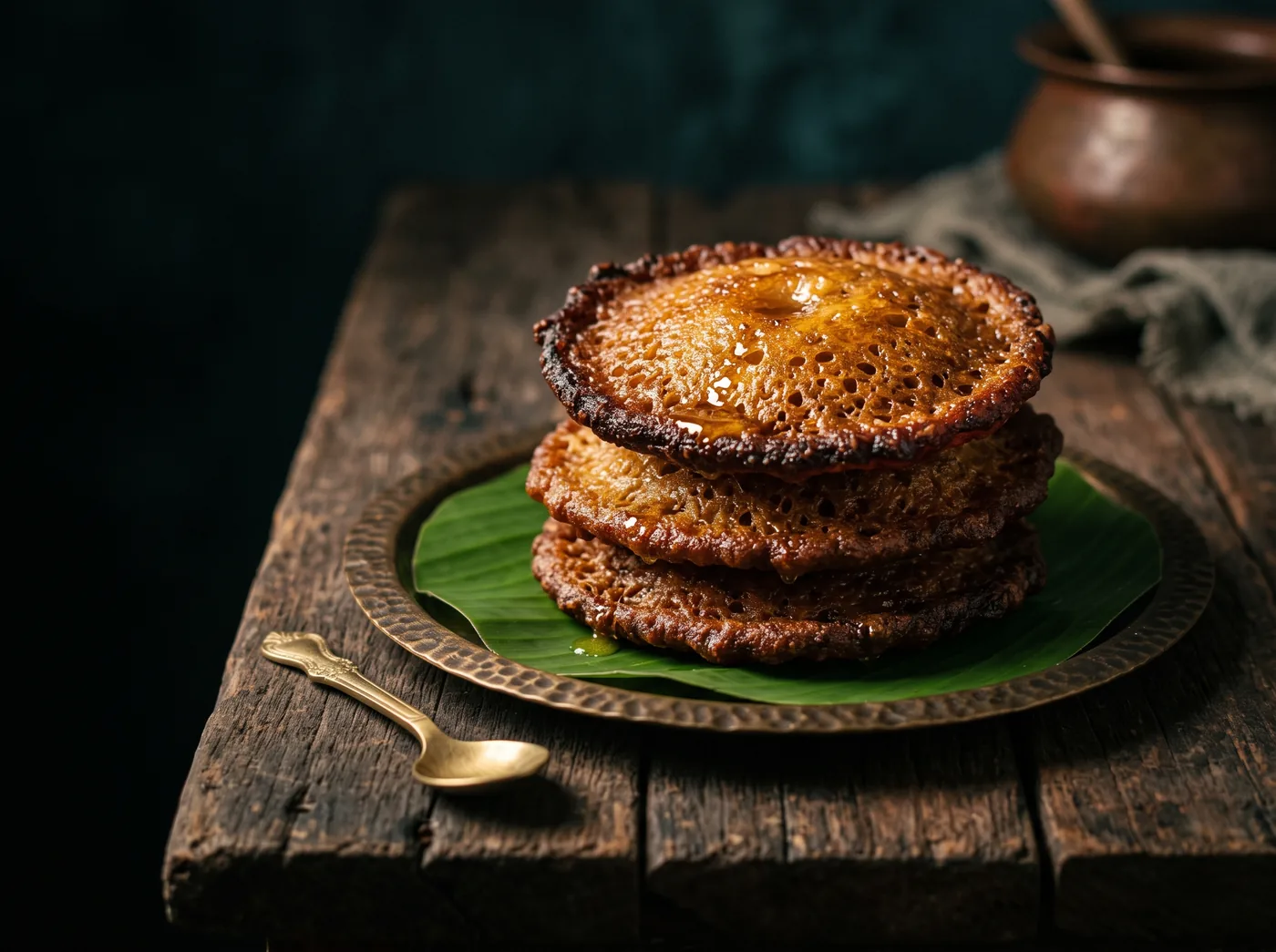 Kerala neyyappam stacked on a bronze plate